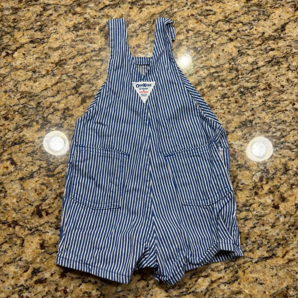 Vintage OshKosh Bgosh Hickory Stripe Overalls Blue White Railroad Shortalls 24M